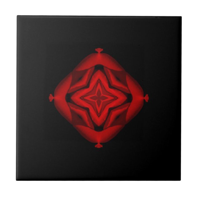 Fine geometric art blood red star flower black tile (Front)