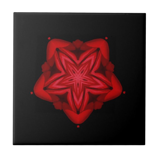 Fine geometric art bright red star flower black tile (Front)