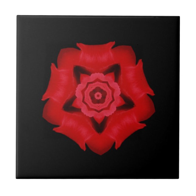 Fine geometric art pretty red star flower black tile (Front)