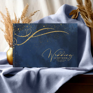Fine Gold Lines Abstract Wedding Navy ID867 Guest Book