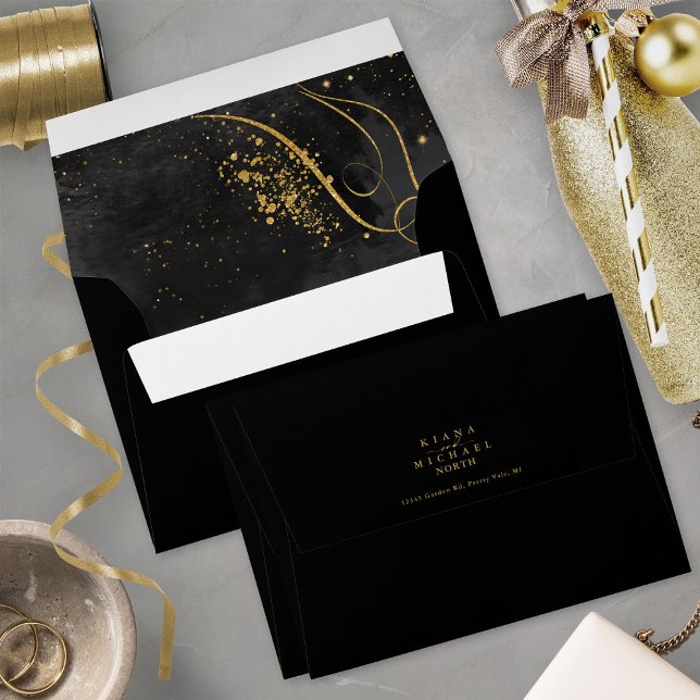 Fine Gold Lines Abstract Wedding V1 Black ID867  Envelope (Interior/Back In Situ)