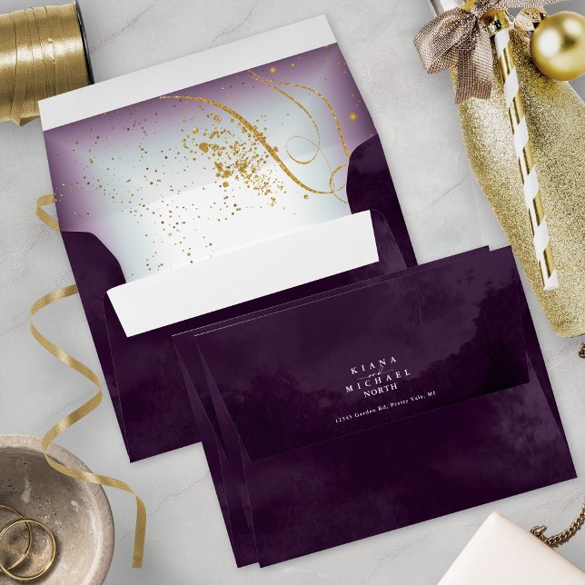 Fine Gold Lines Abstract Wedding V2 Plum ID867 Envelope (Interior/Back In Situ)