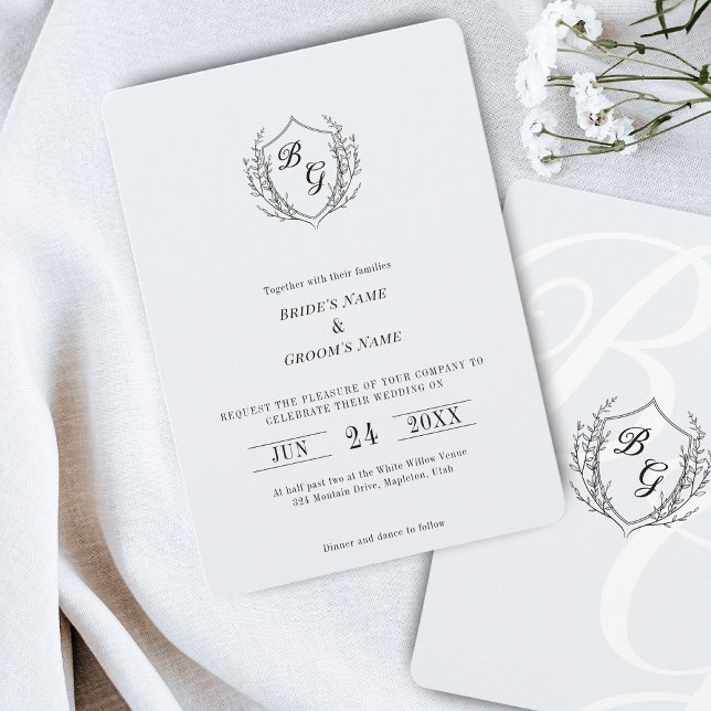 Fine-line classic Vintage Crest monogram wedding Invitation (Creator Uploaded)