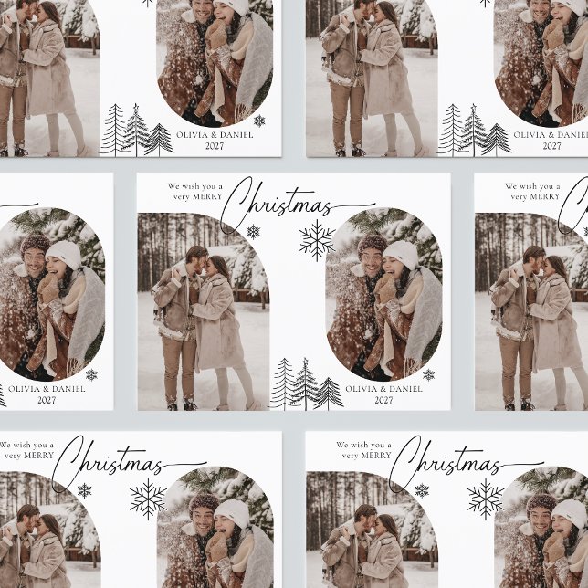 Fine line pine tree arched 2 photo black christmas holiday postcard (Creator Uploaded)