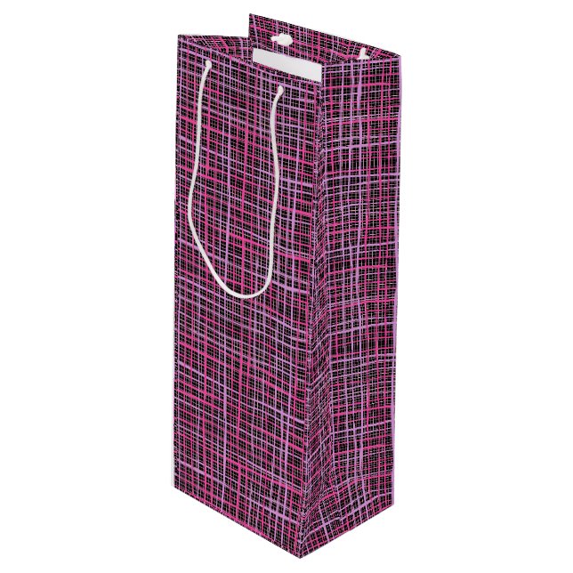 Fine lines Chequered pattern C09.pink on Black BG Wine Gift Bag (Front Angled)