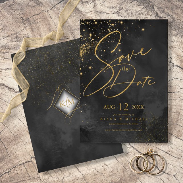 Fine Lines Gold Abstract Wedding Black ID867 Save The Date (Creator Uploaded)