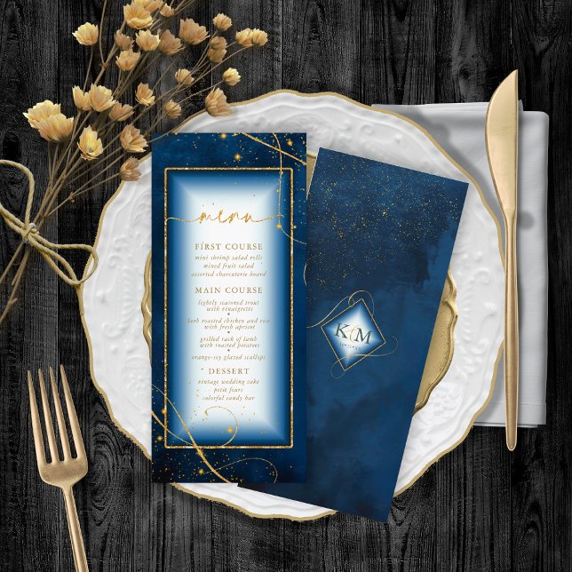 Fine Lines Gold Abstract Wedding Menu 2 Navy ID867 (Creator Uploaded)