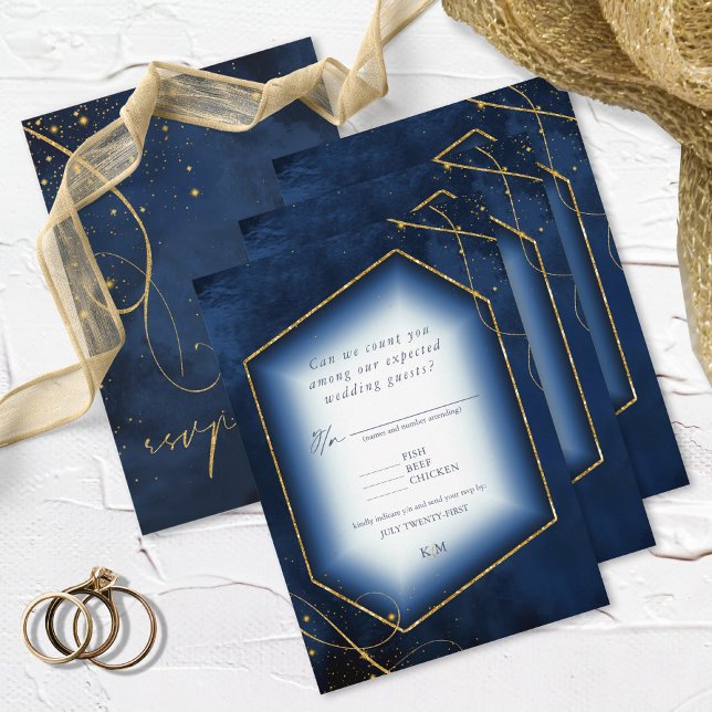 Fine Lines Gold Abstract Wedding Navy ID867  RSVP Card (Creator Uploaded)
