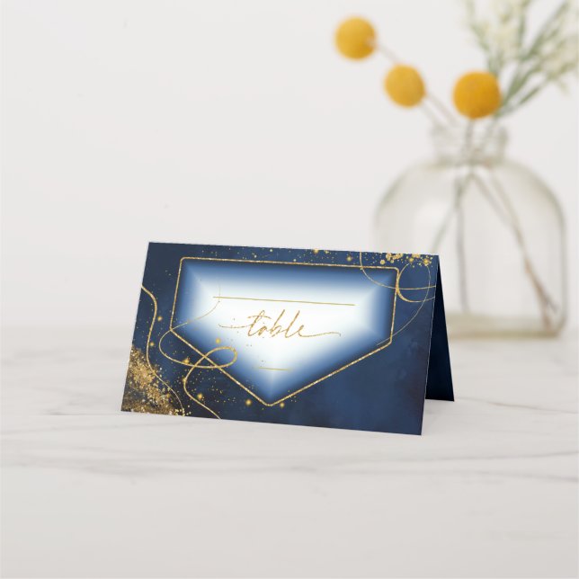 Fine Lines Gold Abstract Wedding Table Navy ID867 Place Card (Front)