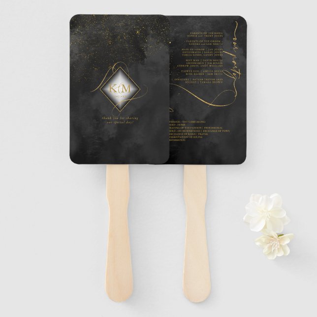Fine Lines Gold Abstract Wedding V1 Black ID867 Hand Fan (Front and Back)