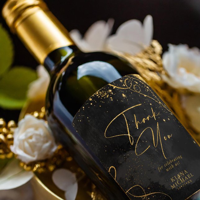 Fine Lines Gold Abstract Wedding V1 Black ID867  Wine Label (Creator Uploaded)