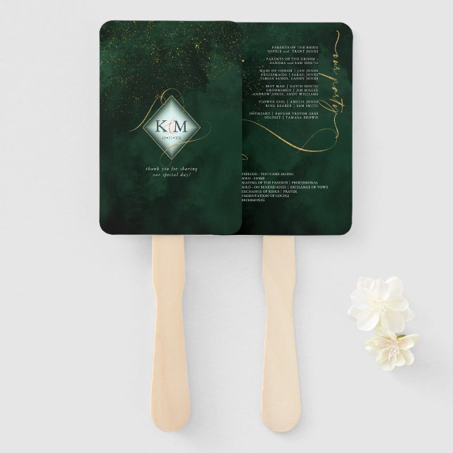 Fine Lines Gold Abstract Wedding V1 Emerald ID867 Hand Fan (Front and Back)