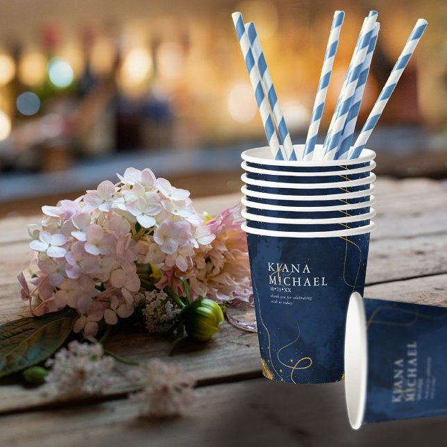 Fine Lines Gold Abstract Wedding V1 Navy ID867 Paper Cups (Creator Uploaded)