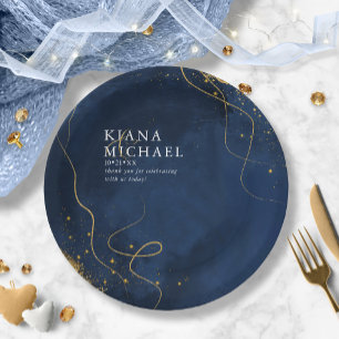 Fine Lines Gold Abstract Wedding V1 Navy ID867 Paper Plate