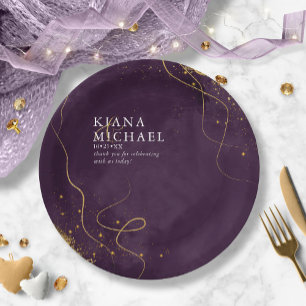 Fine Lines Gold Abstract Wedding V1 Plum ID867 Paper Plate