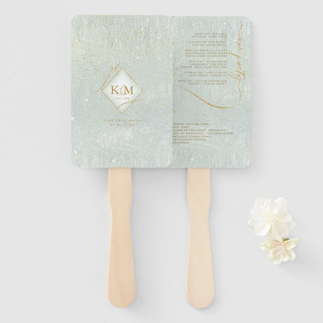 Fine Lines Gold Abstract Wedding V1 Sage ID867 Hand Fan (Front and Back)