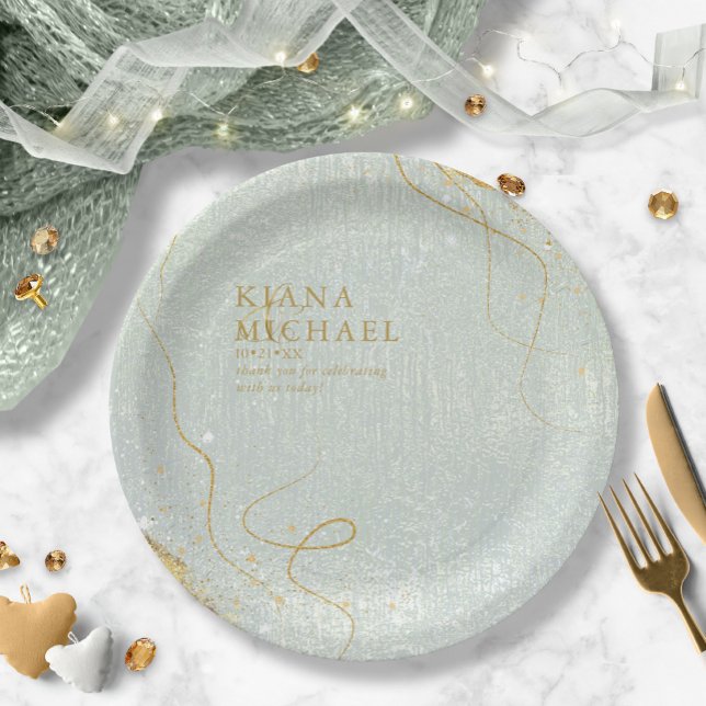 Fine Lines Gold Abstract Wedding V1 Sage ID867 Paper Plate (Creator Uploaded)