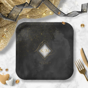 Fine Lines Gold Abstract Wedding V2 Black ID867 Paper Plate