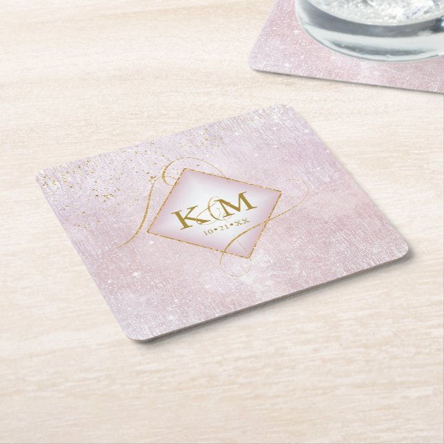 Fine Lines Gold Abstract Wedding V2 Mauve ID867 Square Paper Coaster (Angled)
