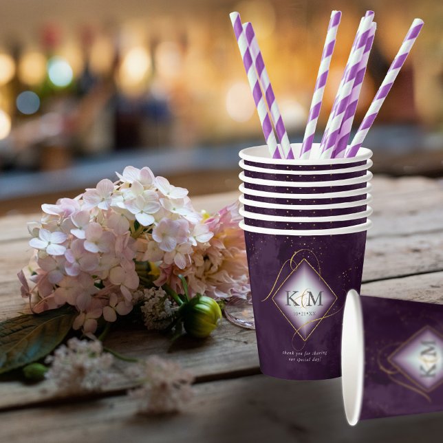 Fine Lines Gold Abstract Wedding V2 Plum ID867 Paper Cups (Creator Uploaded)