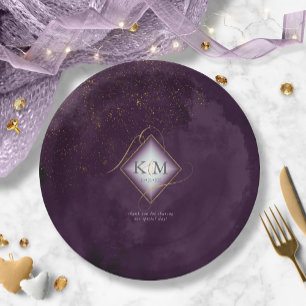 Fine Lines Gold Abstract Wedding V2 Plum ID867 Paper Plate