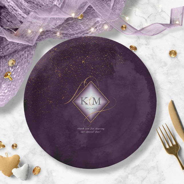 Fine Lines Gold Abstract Wedding V2 Plum ID867 Paper Plate (Creator Uploaded)
