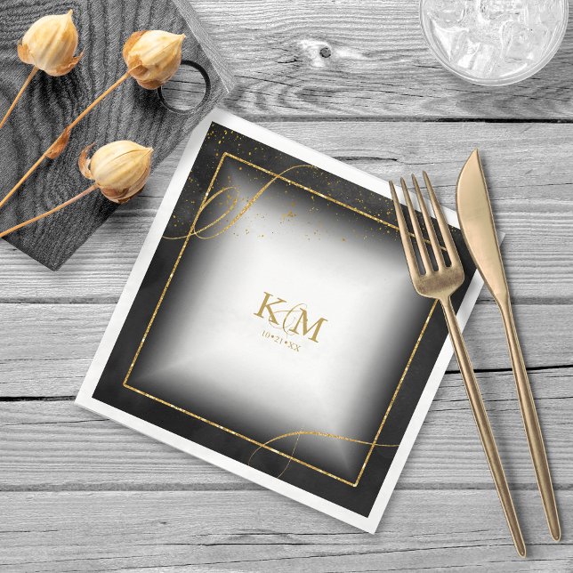 Fine Lines Gold Abstract Wedding V3 Black ID867 Napkin (Creator Uploaded)