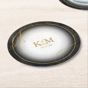Fine Lines Gold Abstract Wedding V3 Black ID867 Round Paper Coaster