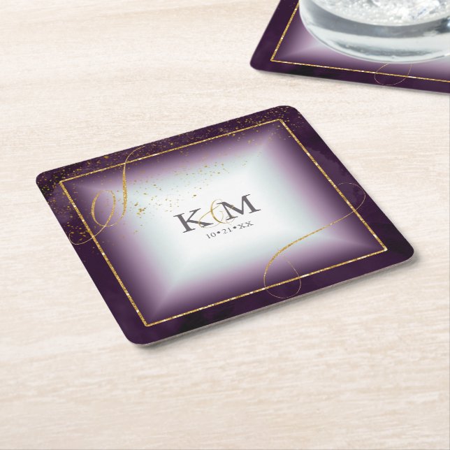 Fine Lines Gold Abstract Wedding V3 Plum ID867 Square Paper Coaster (Angled)