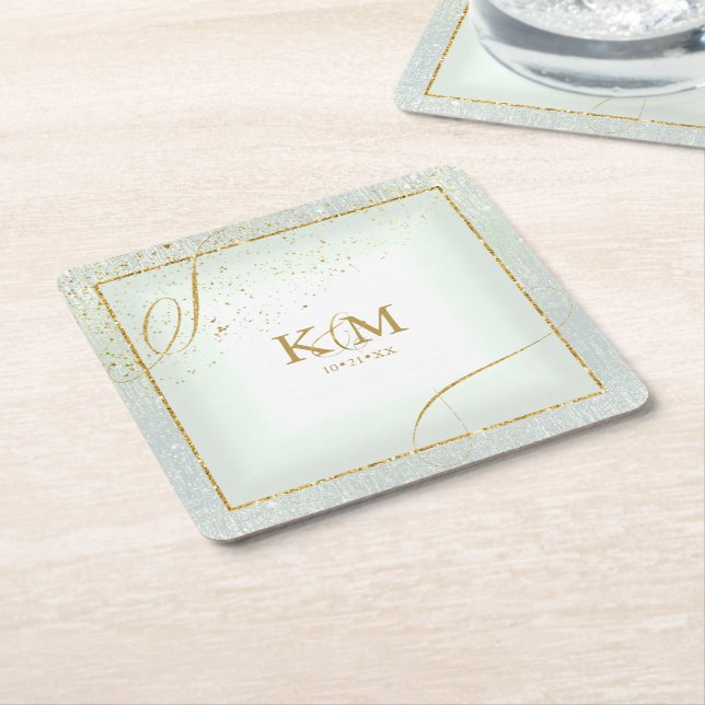 Fine Lines Gold Abstract Wedding V3 Sage ID867 Square Paper Coaster (Angled)