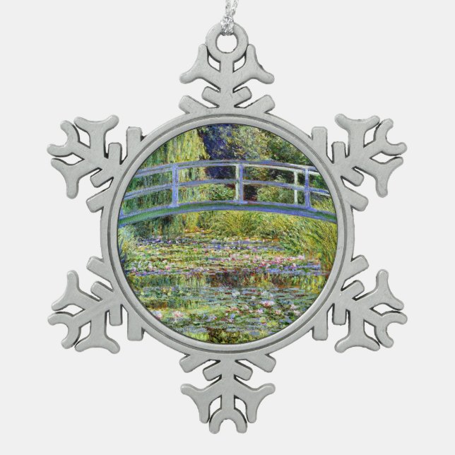 Fine Monet Japanese Bridge & Water-Lily Pond Snowflake Pewter Christmas Ornament (Front)