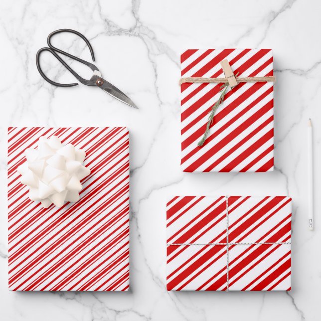 Fine red white Candy Cane Stripes Retro Wrapping Paper Sheet (Front)