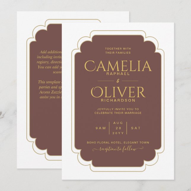 Finest Dark Maroon Gold MONOCHROME Wedding  Invitation (Front/Back)
