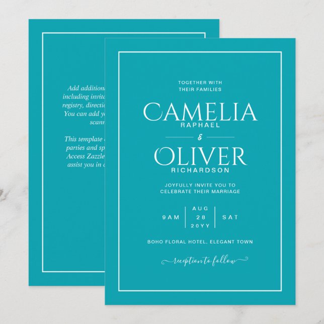 Finest Teal Peacock Blue MONOCHROME Wedding Invitation (Front/Back)