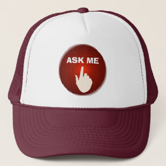 Finger on the red glowing button Ask Me Hat