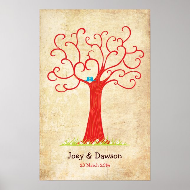 Fingerprint Tree Wedding Heartastic (Red Vintage) Poster (Front)