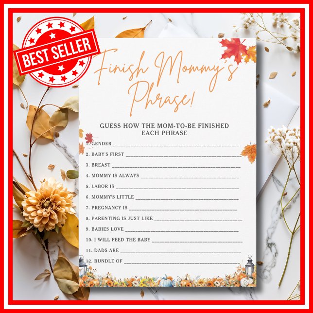 FINISH MOMMY'S PHRASE Baby Shower Game PUMPKIN Invitation (FINISH MOMMY'S PHRASE Easy Baby Shower Game A Little Pumpkin is on the Way Fall Autumn Theme)