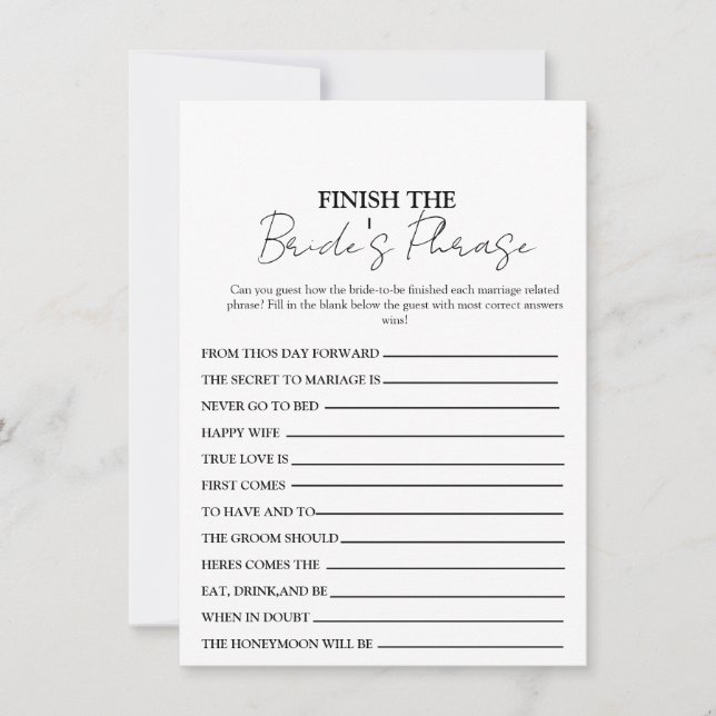 Finish The Bride's Phrase, the Sentence Game Card (Front)
