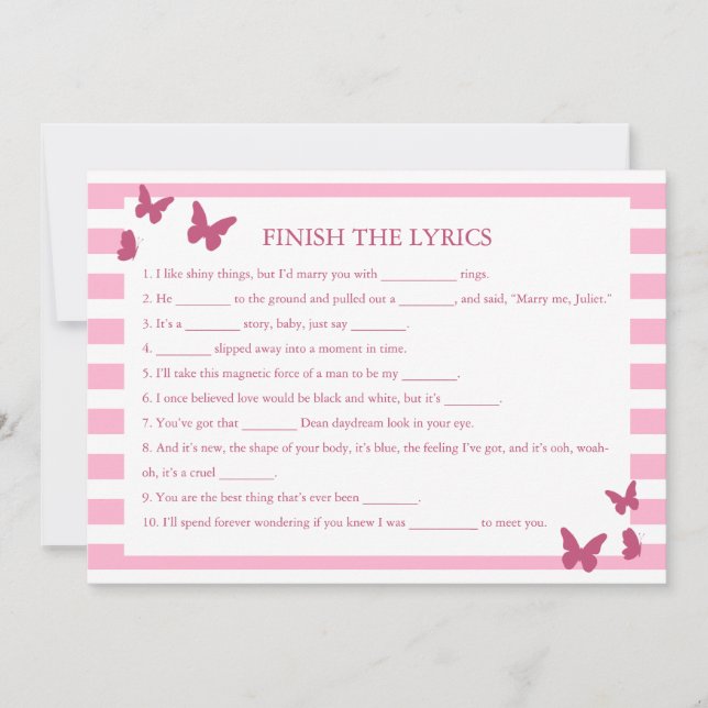 Finish The Lyrics Bridal Shower Game (Front)