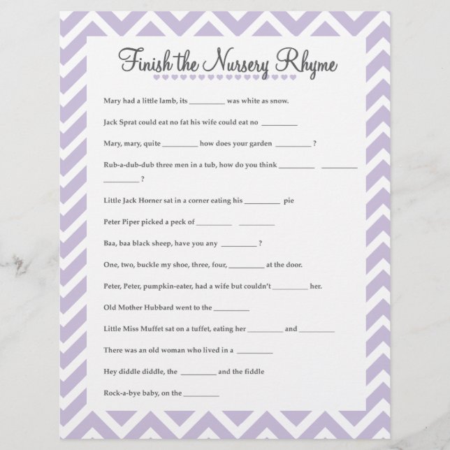 Finish the nursery rhyme baby shower game lavender (Front)