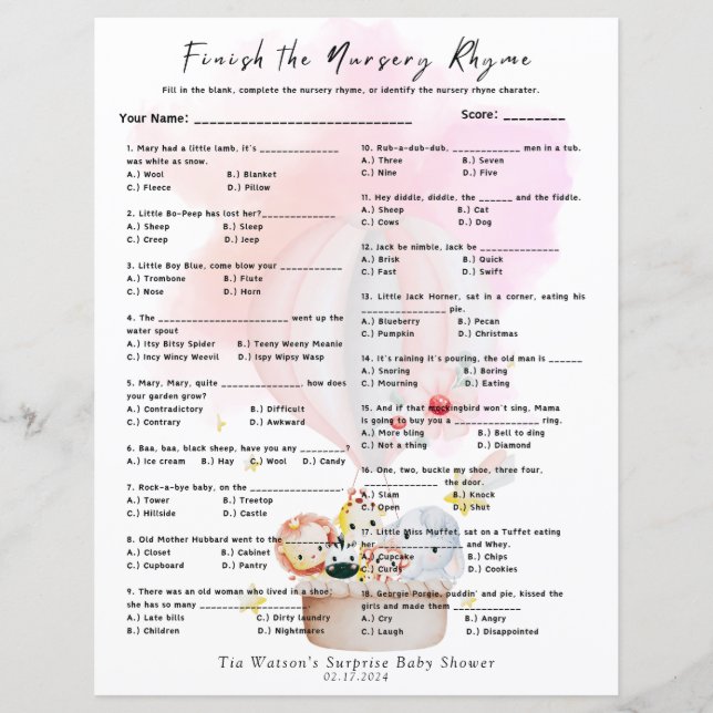 Finish the Nursery Rhyme Game Pink Baby Animals (Front)