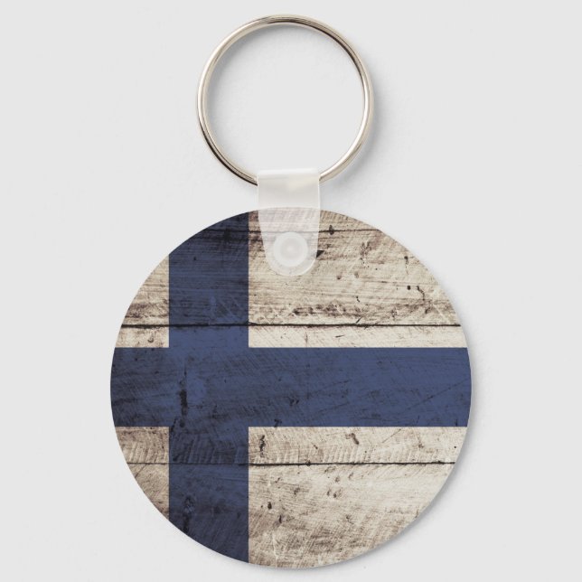 Finland Flag on Old Wood Grain Key Ring (Front)