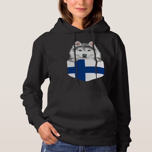 Finland Flag Siberian Husky Dog In Pocket Hoodie (Front)