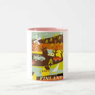 Finland mid century modern travel poster Two-Tone coffee mug