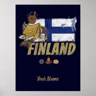 Finland moose vintage flag and tent souvenir poster