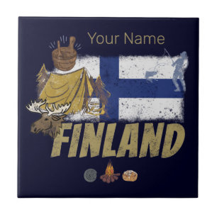 Finland moose vintage flag and tent souvenir tile