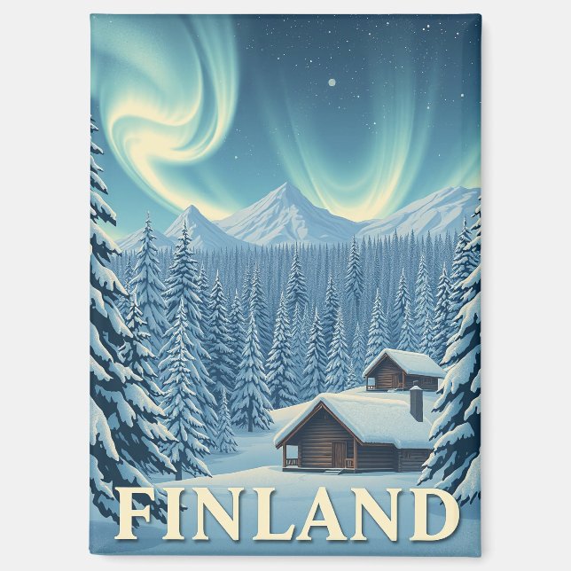 Finland Northern Lights Winter Cabin Magnet (Front)