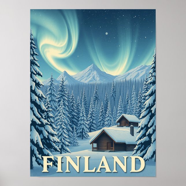Finland Northern Lights Winter Cabin Poster Print (Front)