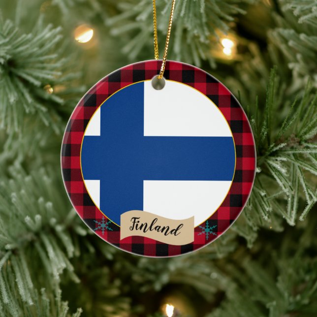 Finland, Red buffalo plaid & Finnish Flag Ceramic Tree Decoration (Tree)