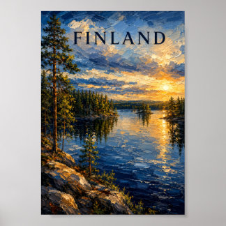 Finland: Serene Sunset Lake Art Souvenir Poster